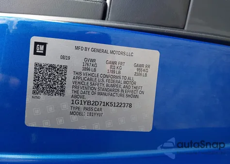 2019 Chevrolet Corvette Stingray z USA, uszkodzony, nr VIN 1G1YB2D71K5122378